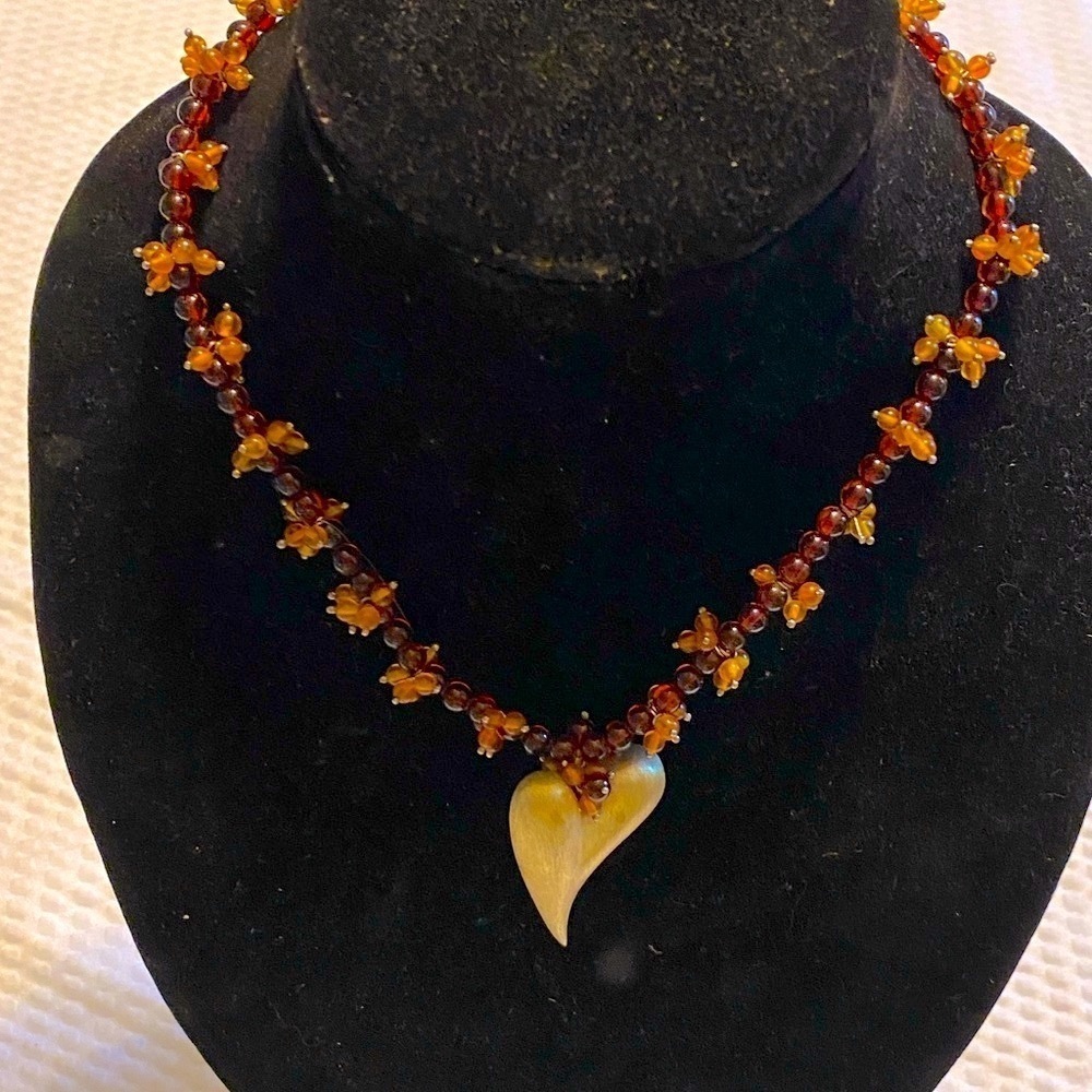 Beaded Necklace with Heart Pendant Orange and Red